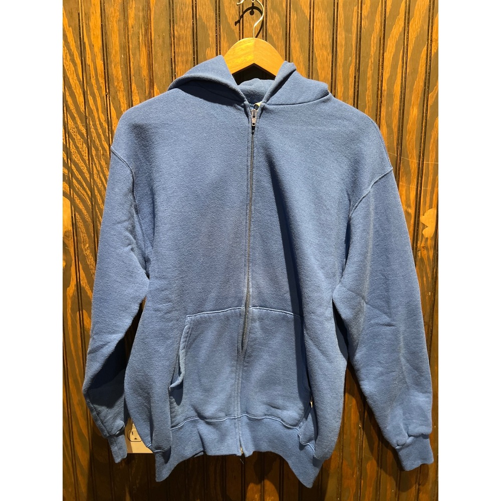 Vintage Blank Zip Up Hoodie Faded Blue Sweatshirt Metal Zipper Pockets L